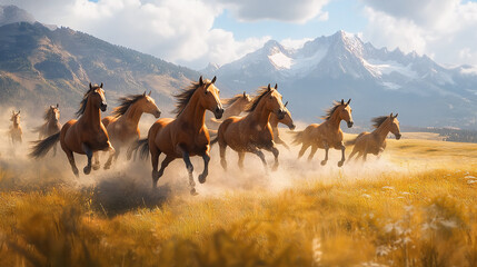 Fototapeta premium A stunning herd of wild horses galloping across a sunlit meadow, with mountains in the background and dust rising from their hooves