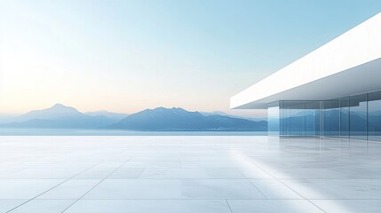 A modern white building with large glass windows overlooking the sea, with a clear blue sky and mountains in the background