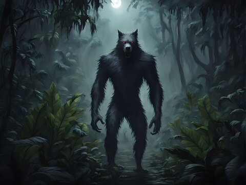 werewolf or dogman in a dark forest at night , spooky urban legend, cryptozoology character, 