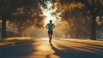 An athletic runner in bright sports shoes sprinting down a tree-lined road during sunrise, with a determined expression and the sun casting long shadows