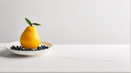 A yellow pear with a green leaf sits on a white plate, surrounded by blackberries, against a white background.