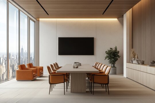 Modern conference room with large windows, wooden table and chairs, and a blank screen on the wall.