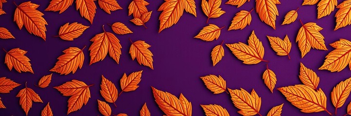 Obraz premium A stylized pattern of dry orange metallic leaves on a deep violet background with intricate details and layered compositions, vibrant colors, dried flowers art