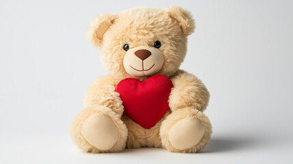 Obraz premium Teddy bear holding red heart on plain white background