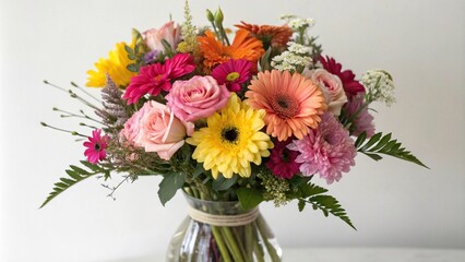 Obraz premium A vibrant mixed bouquet of colorful flowers arranged in a delicate vase, bright colors, floral arrangement, colorful flowers, flower bouquet