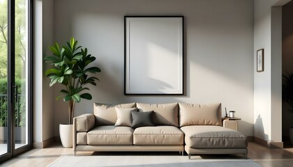 A modern living room with a beige sofa, a black framed artwork on the wall, and a potted plant in the corner