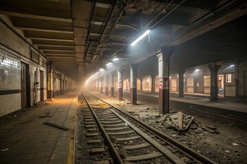 Obraz premium Abandoned subway stations with glowing trails and dusty remnants, luminescent beams, forgotten infrastructure, abandoned station