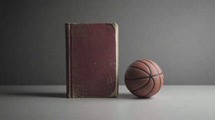 An isolated shot of a basketball playbook lying next to a ball on a plain gray surface