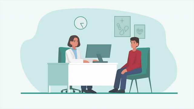 A female doctor interacting with her patient in a professional office environment. Medical consultation. 2d cartoon style Loop animation in 4k.