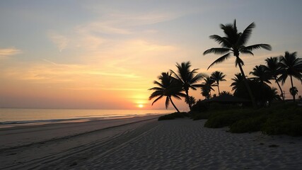 Beach scene at sunset with palm trees and sandy shore, film grain, seascapes, coastal escape