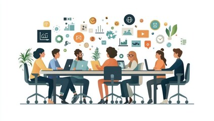 Beautiful business people use gadgets, talk and smile during a conference in the office surrounded by icons.