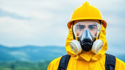 Safety First Hazmat Worker in Protective Gear Mountain Landscape