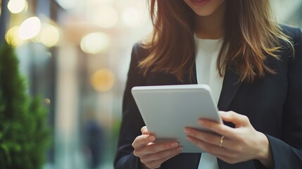 Young Businesswoman Holding Digital Tablet in Modern Workspace While Leading Business Meeting with Focused Expression and Professional Attire