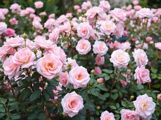 Fototapeta premium Blooming rose garden with pastel pink flowers, greenery, leaves