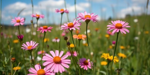 Fototapeta premium Blooming wildflowers in a picturesque field with a blue sky, flower petals, natural scenery, sunny day