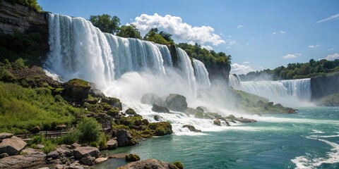 Fototapeta premium Breathtaking vista of a stunning waterfall cascading down a rocky cliff, rivers, gushing water, rocks