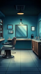 A cozy barbershop interior featuring a vintage chair, mirror, and shelve with grooming products.