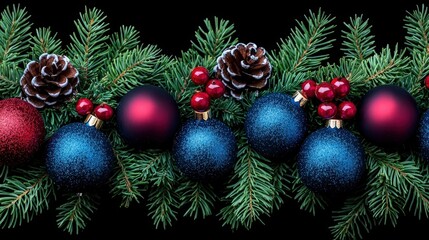 Fototapeta premium Festive Christmas Ornament Border Blue Red Baubles Pine Cones