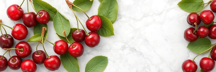 Cherries and leaves on a marble background, high end living, luxurious feel, marble surface