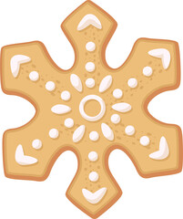 Christmas gingerbread cookie snowflake shape decorated with icing. Illustration of a holiday treat