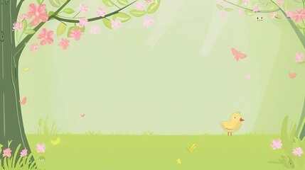Spring Green Nature Cute Background - A Delightful Display of the Season's Charm. The Lush Greenery of Spring, with Tender Shoots and Blossoming Flowers