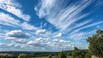 Fototapeta premium Cloudy blue sky with altocumulus clouds and some cirrus clouds drifting lazily by, altocumulus clouds, layering effect, beautiful blue, cloud formations, cirrus clouds