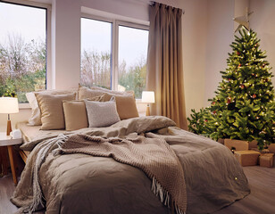 A cozy bedroom with a large bed, decorated with a Christmas tree and presents