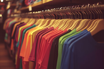 Obraz premium Kids t-shirts arranged in rainbow colors on wooden hangers