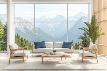Modern living room with large windows overlooking a mountain vista.