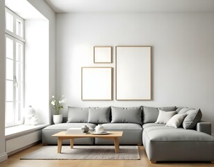 A modern, minimalist living room with a large gray sectional sofa, a wooden coffee table, and a gallery wall of framed artwork