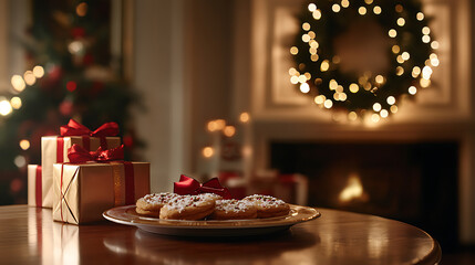 Naklejka premium A celebratory Christmas setting with a combination of sparkling gift boxes, festive cookies on a decorative plate, and a beautifully lit wreath in the background 