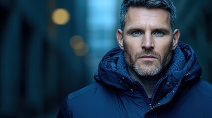 Obraz premium Handsome Man Winter Jacket Portrait Blue Eyes Serious Expression Cold Weather City Background