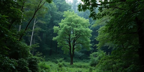 Dense foliage surrounds a lone tree in the center of the forest clearing, foliage, frosty, scenery