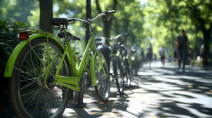 Fototapeta premium Bright green city bikes parked at station on sunny sidewalk with blurred background
