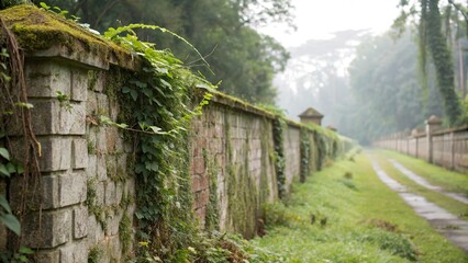 Distressed stone wall with overgrown moss and vines, natural elements, earthy tones, bohemian style