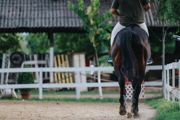 Rear view of a person riding a horse in a fenced paddock on a sunny day at an equestrian facility.