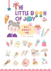 Fototapeta premium set of icons, Cute Stationary vector element, child drawing, new cover, new book and printable, all about me and stud, back to school