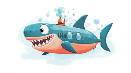 Cartoon Shark Submarine with Big Teeth and Bubbles