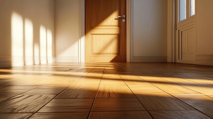 Obraz premium A sunlit corridor with a wooden floor and a closed door creates a warm, inviting atmosphere.