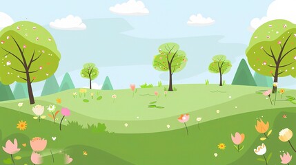 Spring Green Nature Cute Background - A Delightful Display of the Season's Charm. The Lush Greenery of Spring, with Tender Shoots and Blossoming Flowers