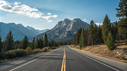 Fototapeta premium Empty stretch of asphalt road running parallel to a mountain range with a clear blue sky above and pine trees in the foreground, scenic beauty, peaceful scene, serene atmosphere, calmness