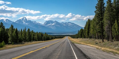 Fototapeta premium Empty stretch of asphalt road running parallel to a mountain range with a clear blue sky above and pine trees in the foreground, empty highway, vast open space