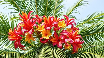 Exotic flowers blooming on castor palm tree, greenery, exotic plants, castor palm