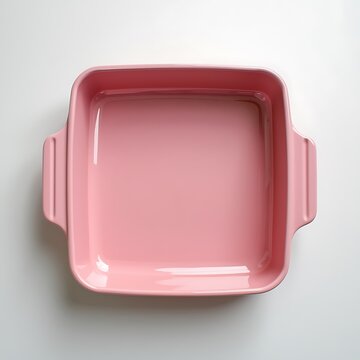 Bright pink ceramic baking dish with handles isolated on white background.