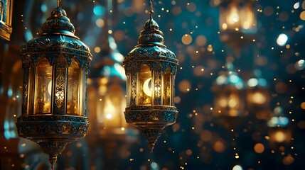 Obraz premium 3D render of teal and gold Ramadan lanterns with bokeh and crescent moon backdrop