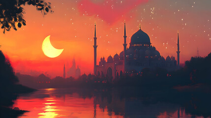 Digital painting of mosque silhouette at sunset with crescent moon and starry sky