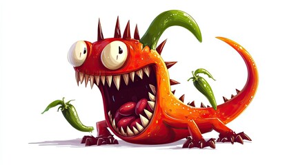 Obraz premium A Red Chili Pepper Monster Roaring with Its Mouth Open