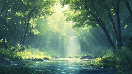 Fototapeta premium A serene forest scene with sunlight filtering through trees and a waterfall in the background.
