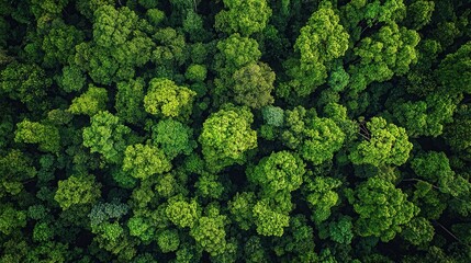 Naklejka premium Aerial view of lush, green forest canopy showcasing vibrant tree tops.
