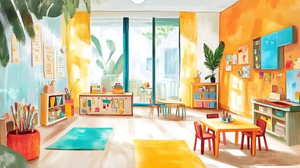 Sunlight Bathes a Vibrant Preschool Classroom in Warm Hues, Ready for Creative Exploration. AI...